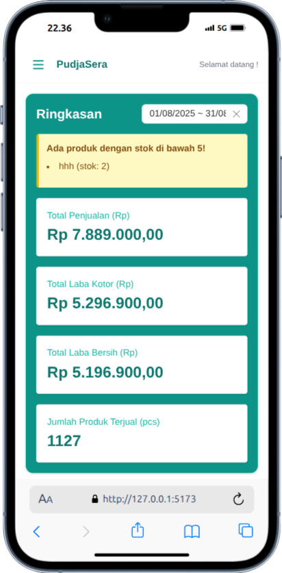 Tampilan web Pudjasera Management System